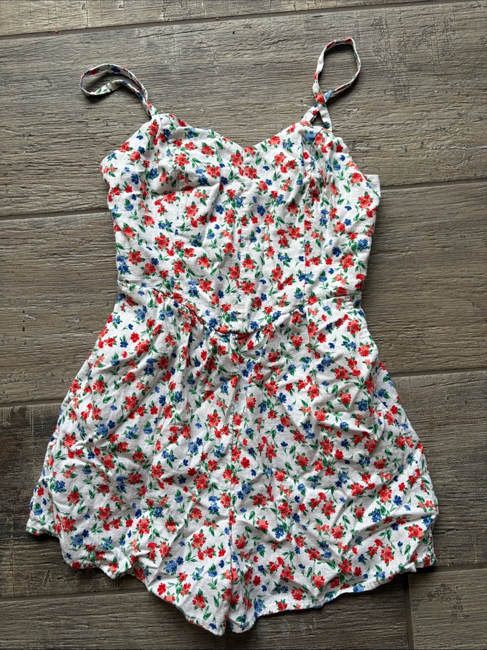 Old Navy White Floral Spaghetti-Strap Romper with Red & Blue Flowers
